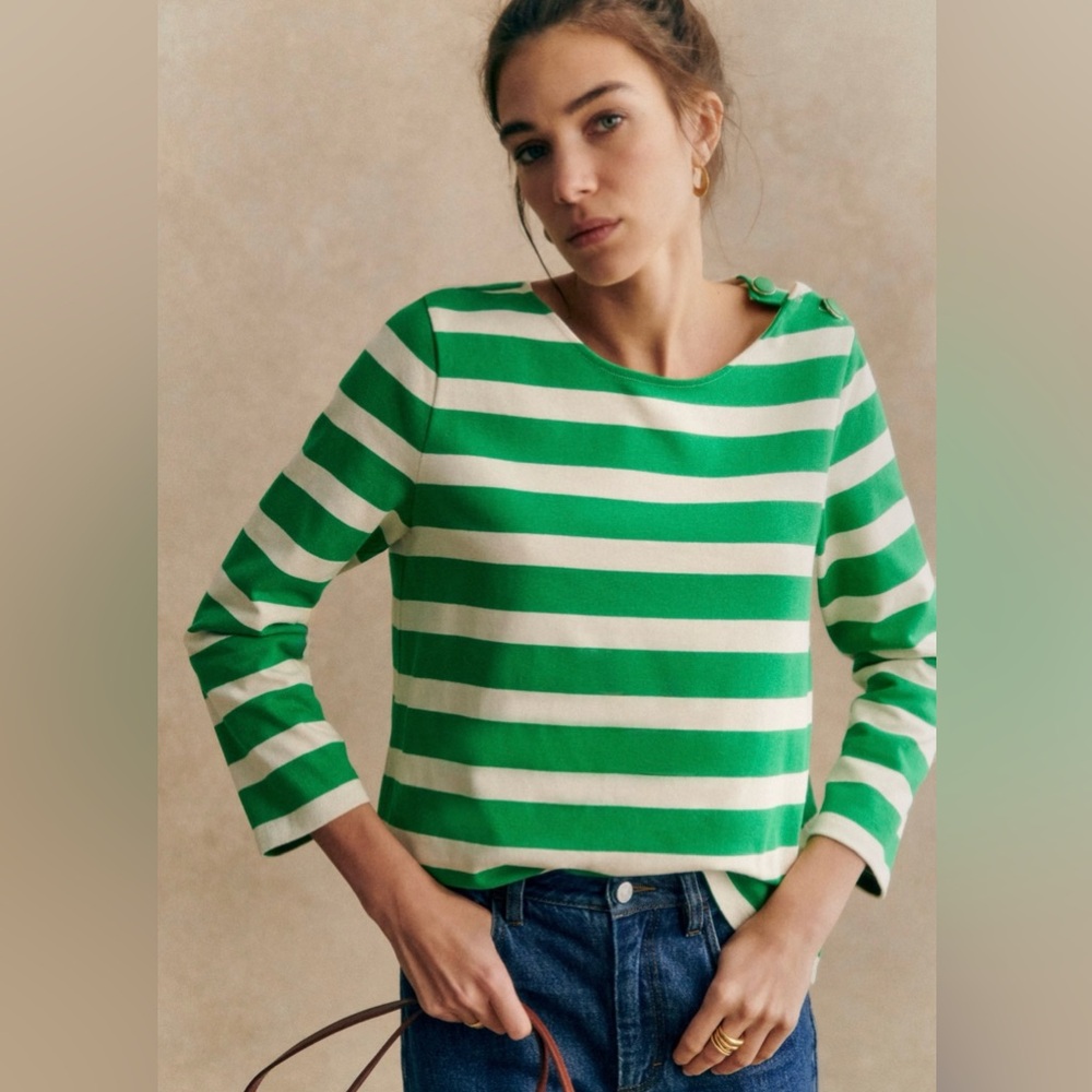 Sezane Colette Marinière Maxi Stripes Bright Green / Ecru - Size M